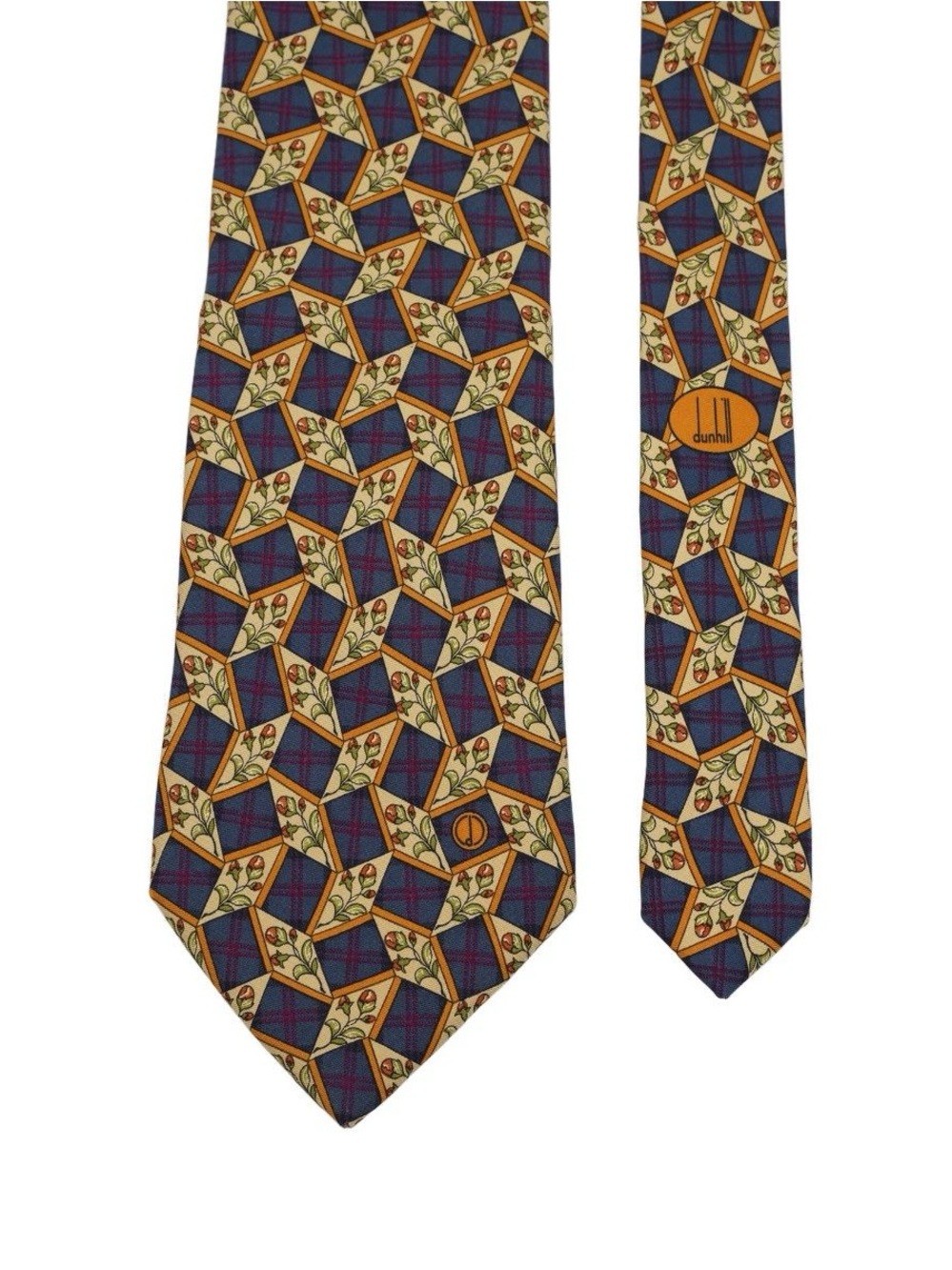 Dunhill Navy, Gold and Tan Geometric Silk Tie